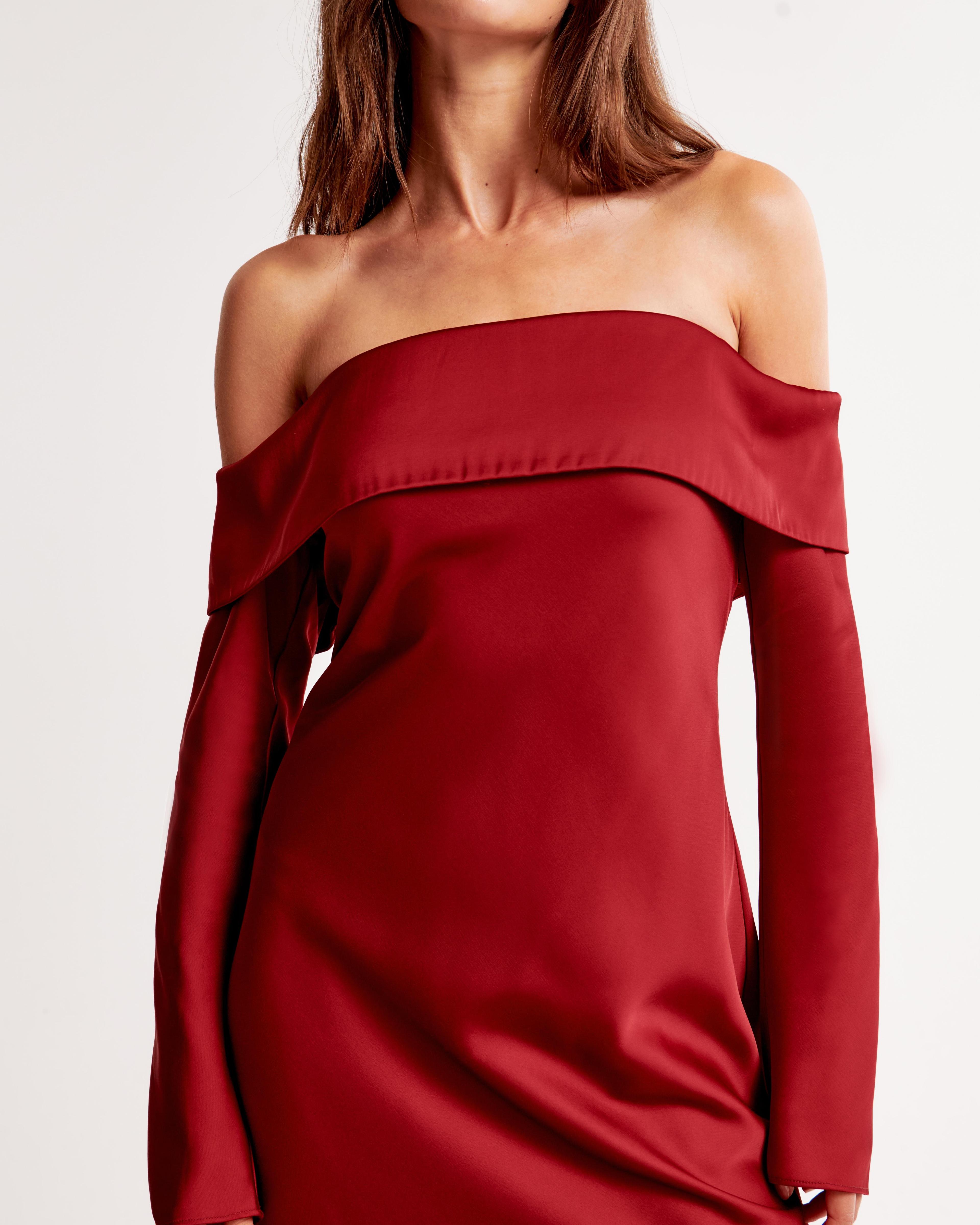 Long-Sleeve Off-The-Shoulder Satin Mini Dress Product Image