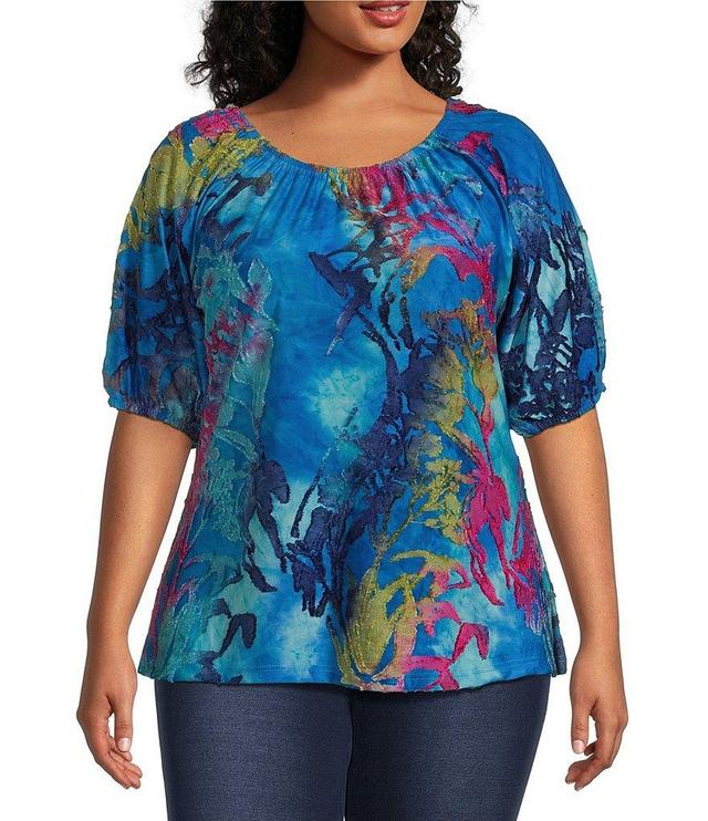 Calessa Plus Size Burnout Tie-Dyed Print Scoop Neck Elbow Sleeve Peasant Tunic Product Image