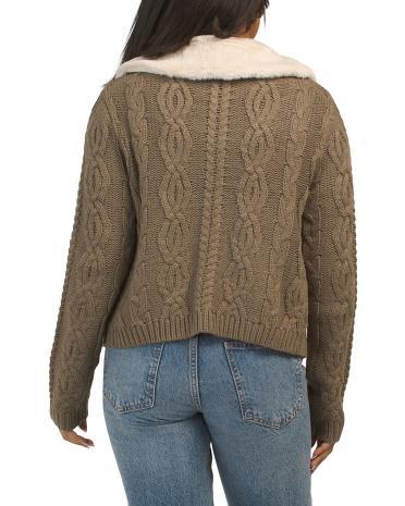 Long Sleeve Cable Knit Cardigan With Faux Fur Collar for Women Product Image