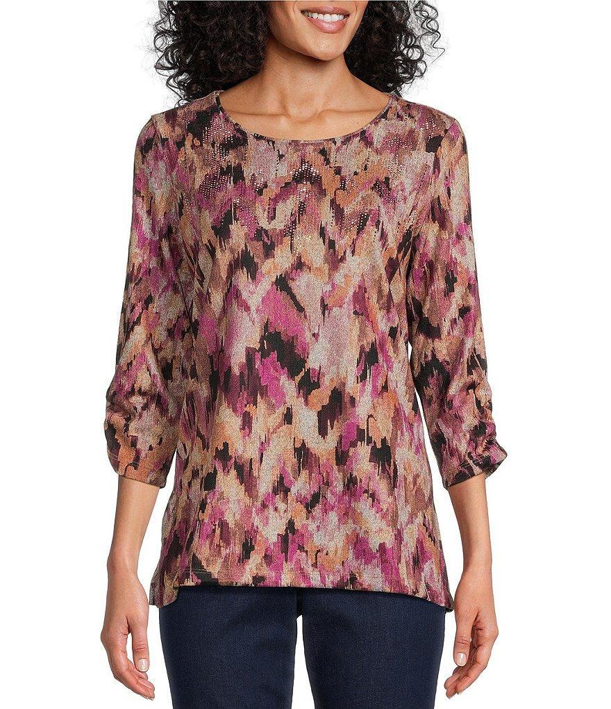 Allison Daley Abstract Herringbone Print Embellished 3/4 Ruched Sleeve Crew Neck Abstract Tee Shirt Product Image