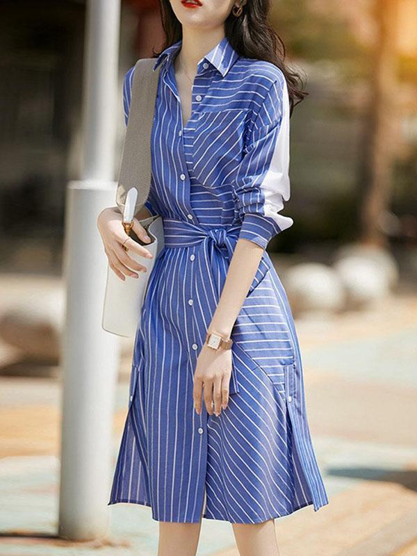 Long Sleeves Loose Buttoned Pockets Striped Tied Waist Lapel Midi Dresses Shirt Dress Product Image