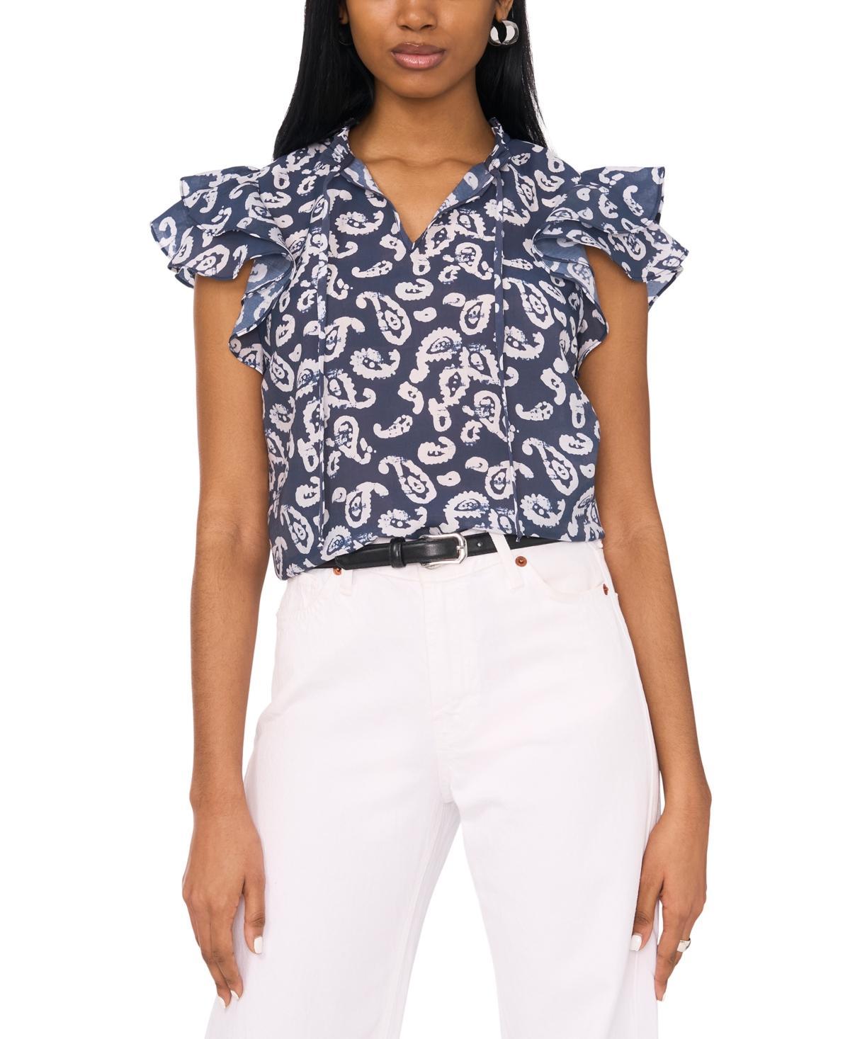 1.state Womens Printed Tie-v-Neck Flutter-Sleeve Top Product Image