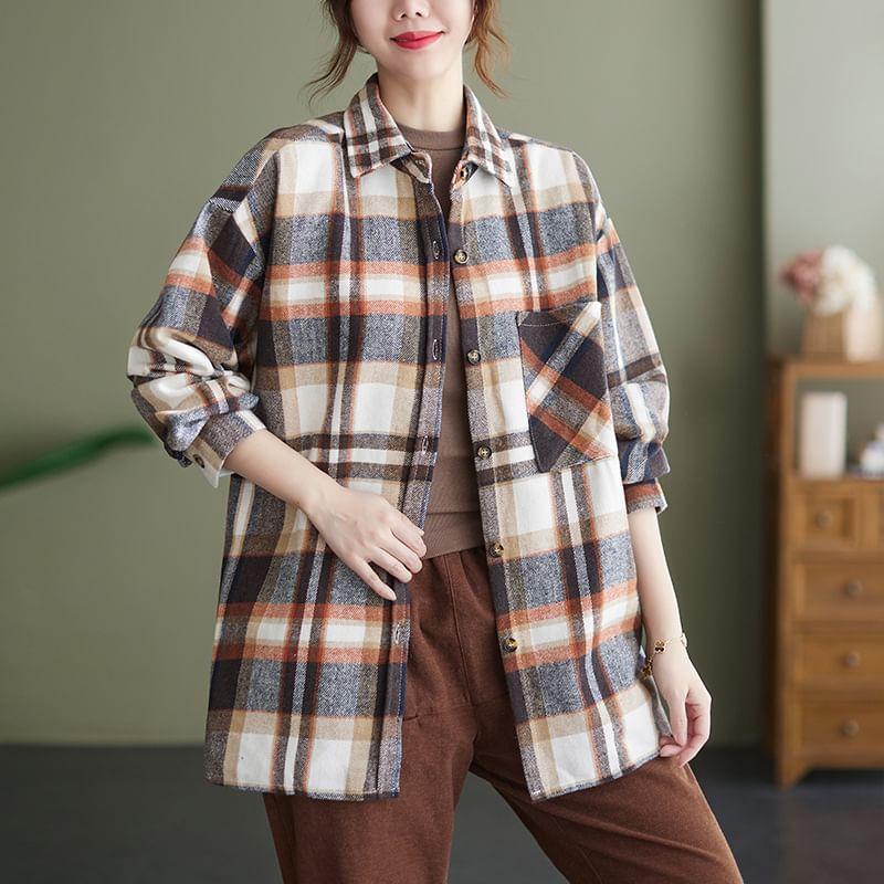 Long-Sleeve Plaid Pocket Detail Shirt Product Image