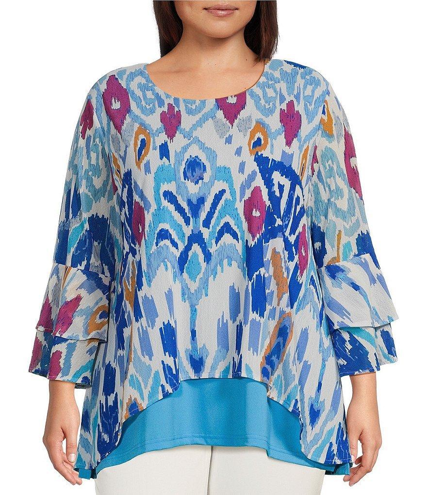 Calessa Plus Size Abstract Foulard Print Mesh Knit Scoop Neck Wrist Length Sleeve Hi-Low Overlay Tunic Product Image