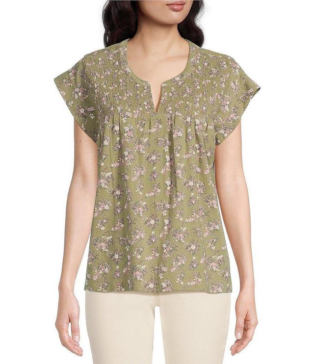 Lucky Brand Printed Notch Neck Cap Sleeve Smocked Blouse Product Image