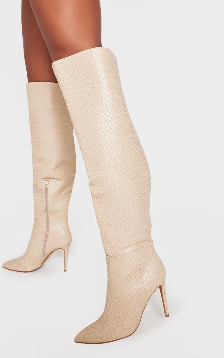 Cream Wide Fit Weave Pu Point Toe Over The Knee Heeled Boots product image