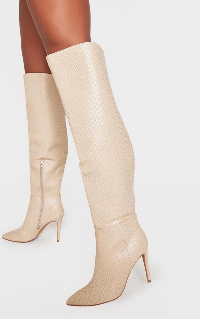 Cream Wide Fit Weave Pu Point Toe Over The Knee Heeled Boots Product Image