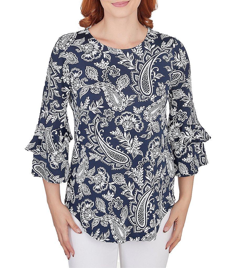 Ruby Rd. Paisley Floral Print Knit Scoop Neck Double Flounce Sleeve Top Product Image