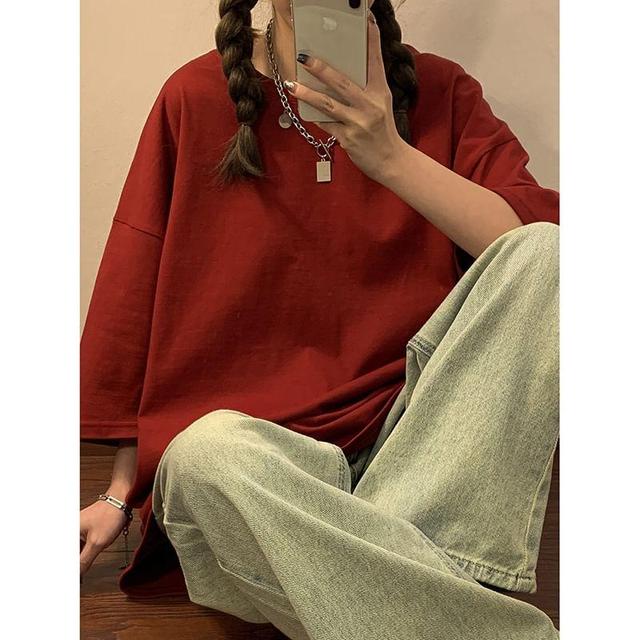 Elbow Sleeve Oversized Plain T-Shirt Product Image