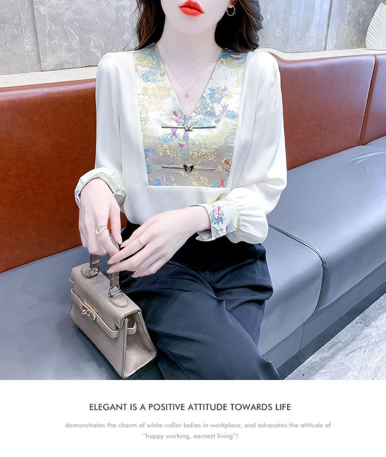 Puff-Sleeve V-Neck Embroidered Blouse Product Image