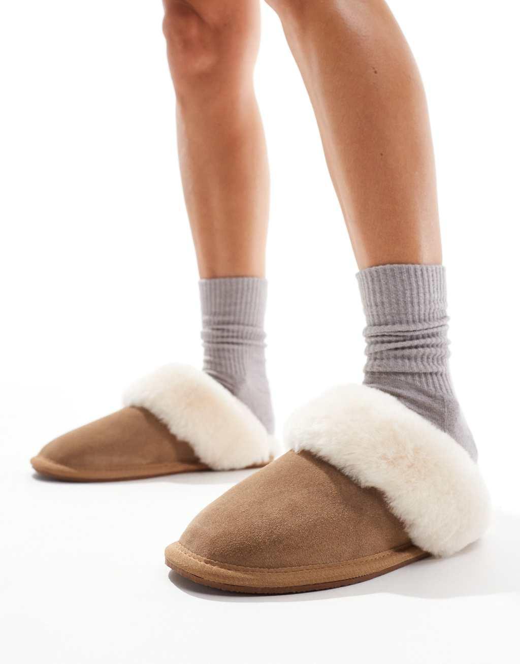 ASOS DESIGN Zeus premium sheepskin slippers in tan Product Image