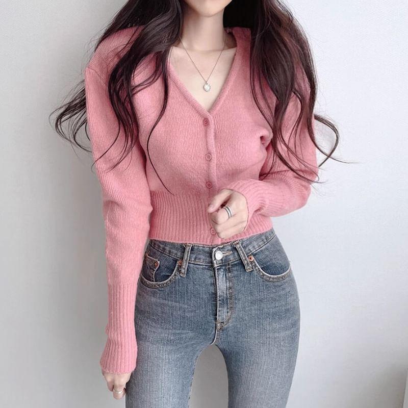 V-Neck Button-Up Plain Crop Cardigan Product Image