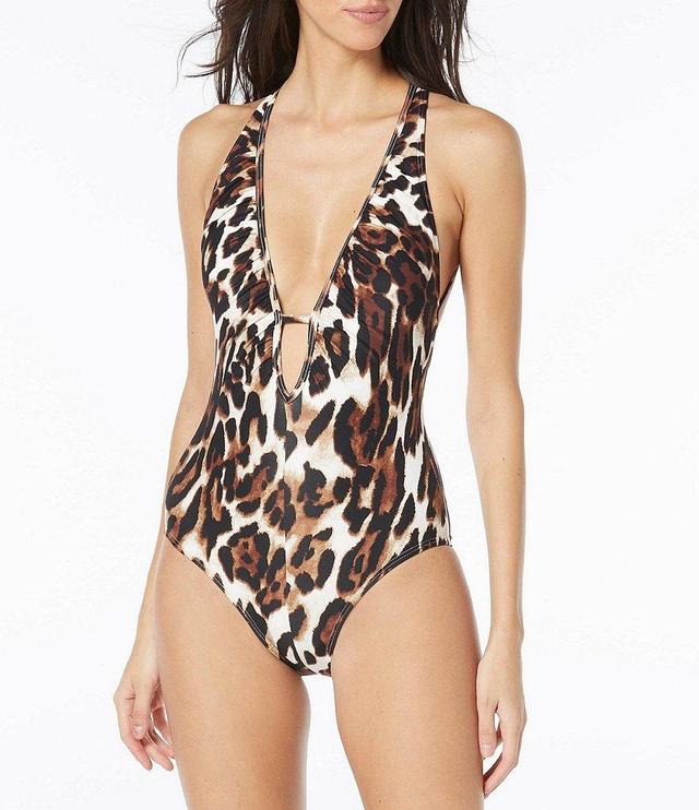 Vince Camuto Leopard Mirage Shirred Plunge V-Neck One Piece Swimsuit Product Image