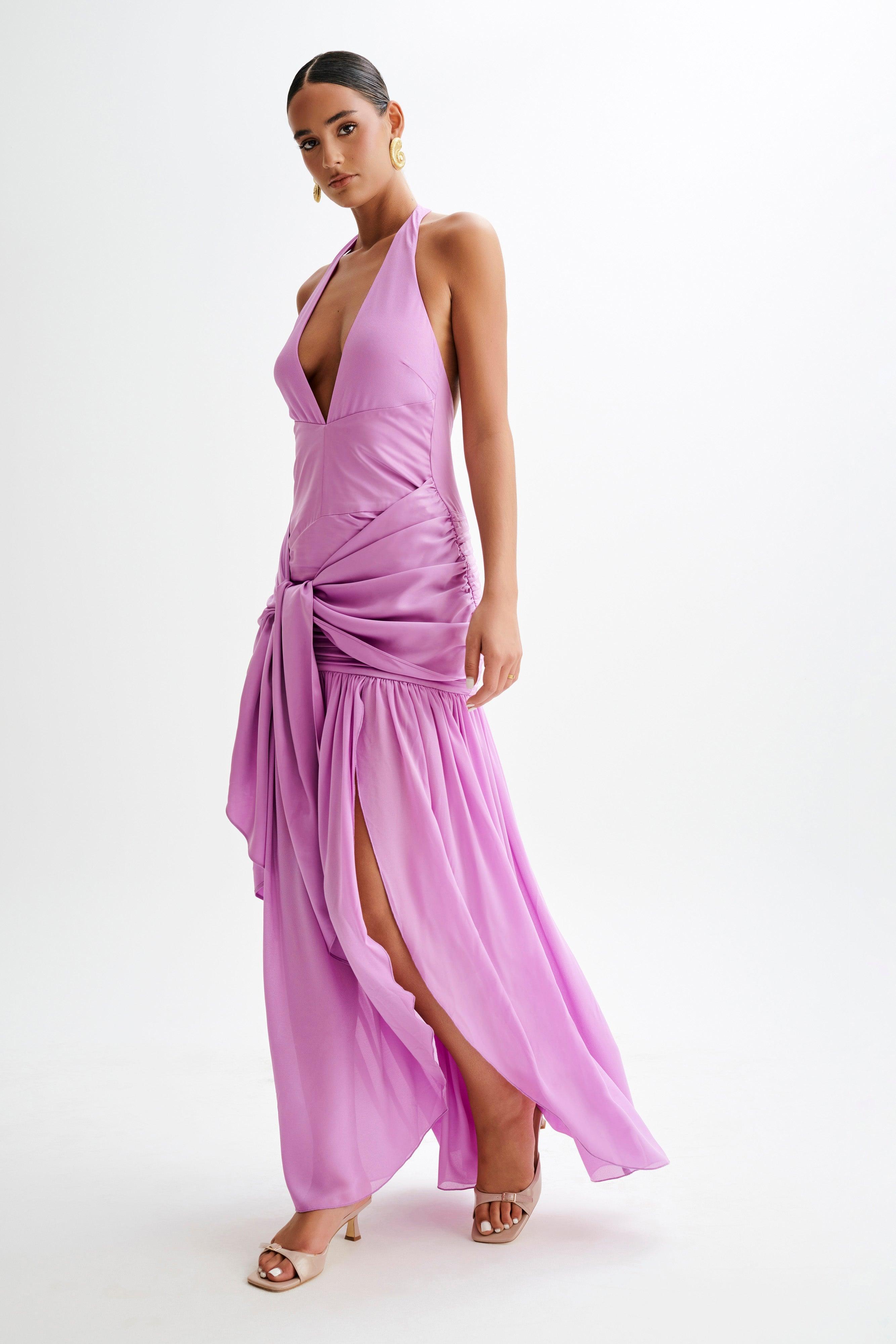 Graziana Satin Chiffon Plunge Maxi Dress - Violet Product Image