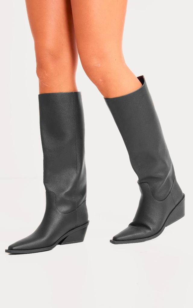 Black PU Point Toe Black Heel Western Boots Product Image