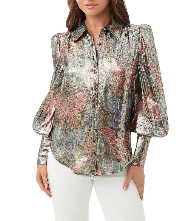 Trina Turk Sagittarius Mystical Monarch Butterfly Silk Metallic Long Blouson Sleeve Blouse Product Image