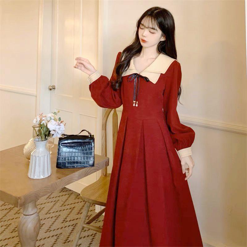 Long-Sleeve Collar Two Tone Bow Midi A-Line Dress Product Image