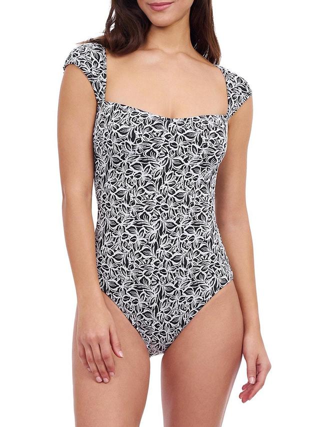 Womens Plumeria Floral Cap-Sleeve One-Piece Swimsuit Product Image