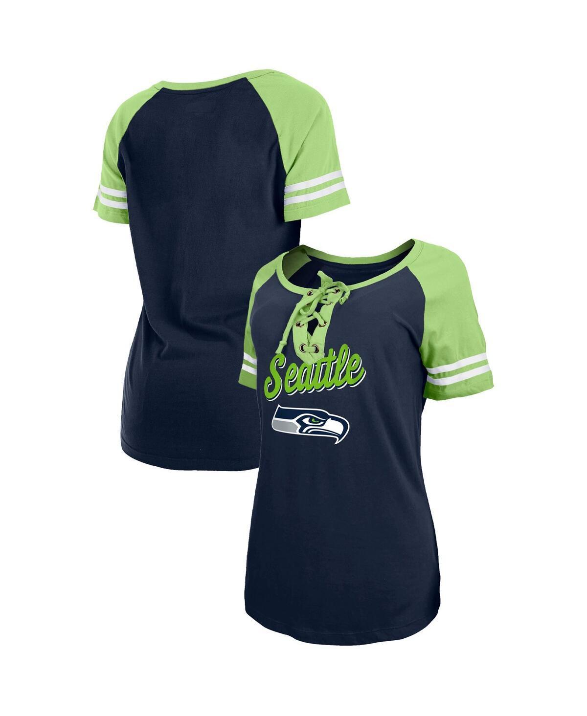 Womens New Era College Navy Seattle Seahawks Logo Lace-Up Raglan T-shirt - Navy Product Image