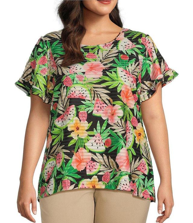 Allison Daley Plus Size Tropical Fruit Print Short Ruffle Sleeve Crew Neck Ruffle Knit Top Product Image