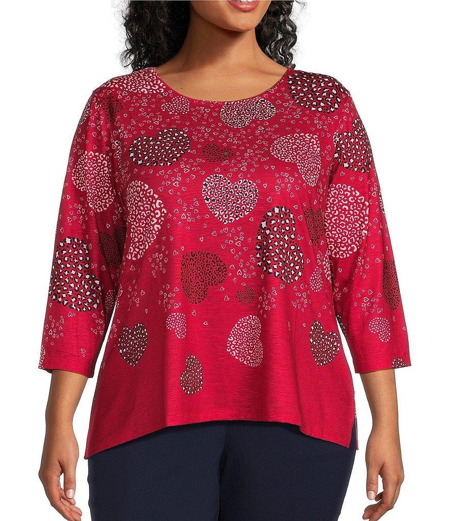 Allison Daley Plus Size Heart Print 3/4 Sleeve Crew Neck Knit Top Product Image