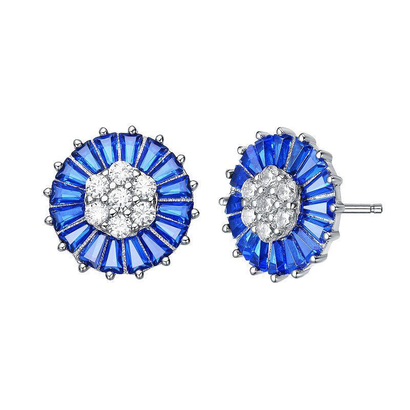 Sterling Silver Blue Cubic Zirconia Baguette & Round Stud Earrings, Womens Product Image