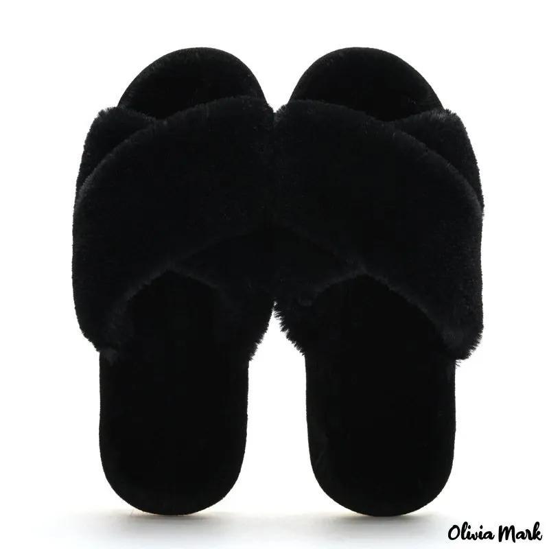 Olivia Mark – New plush cross hair slippers female cute simple home warm flat bottom cotton slippers Product Image