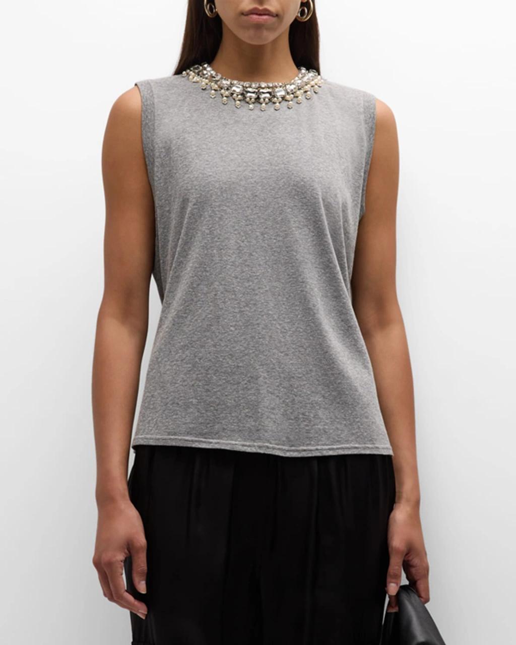 Brielle Faux-pearl Necklace Embellished T-shirt In Heather Grey Product Image