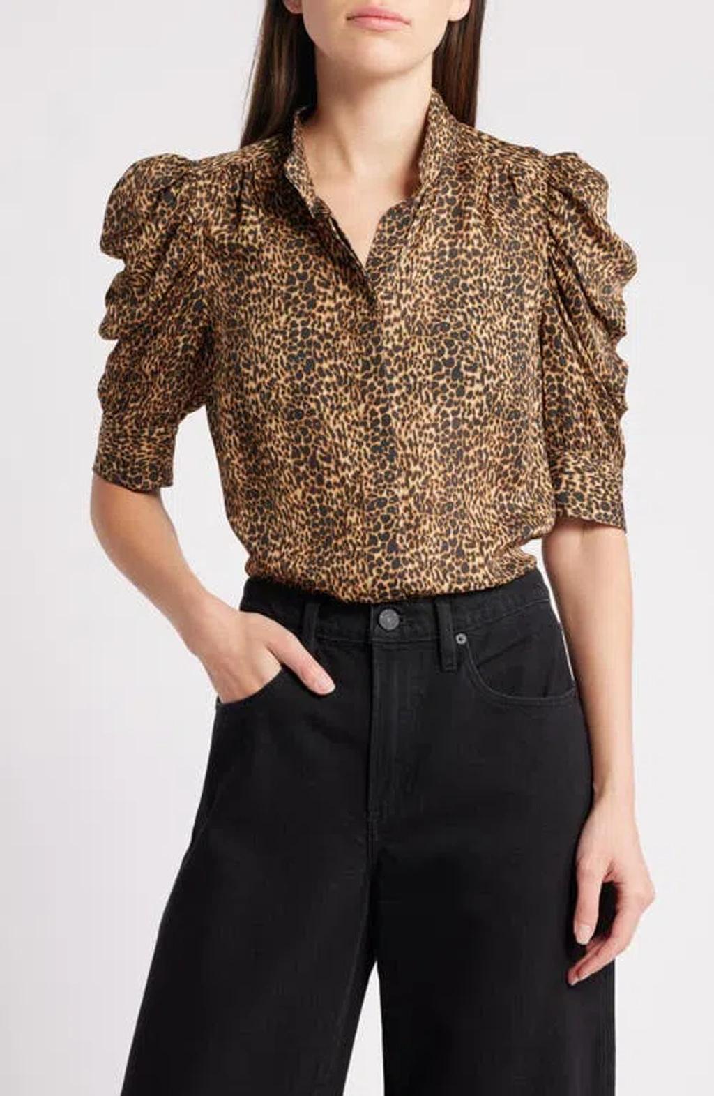 Gillian Leopard Print Puff Sleeve Silk Top In Sand Multi Product Image