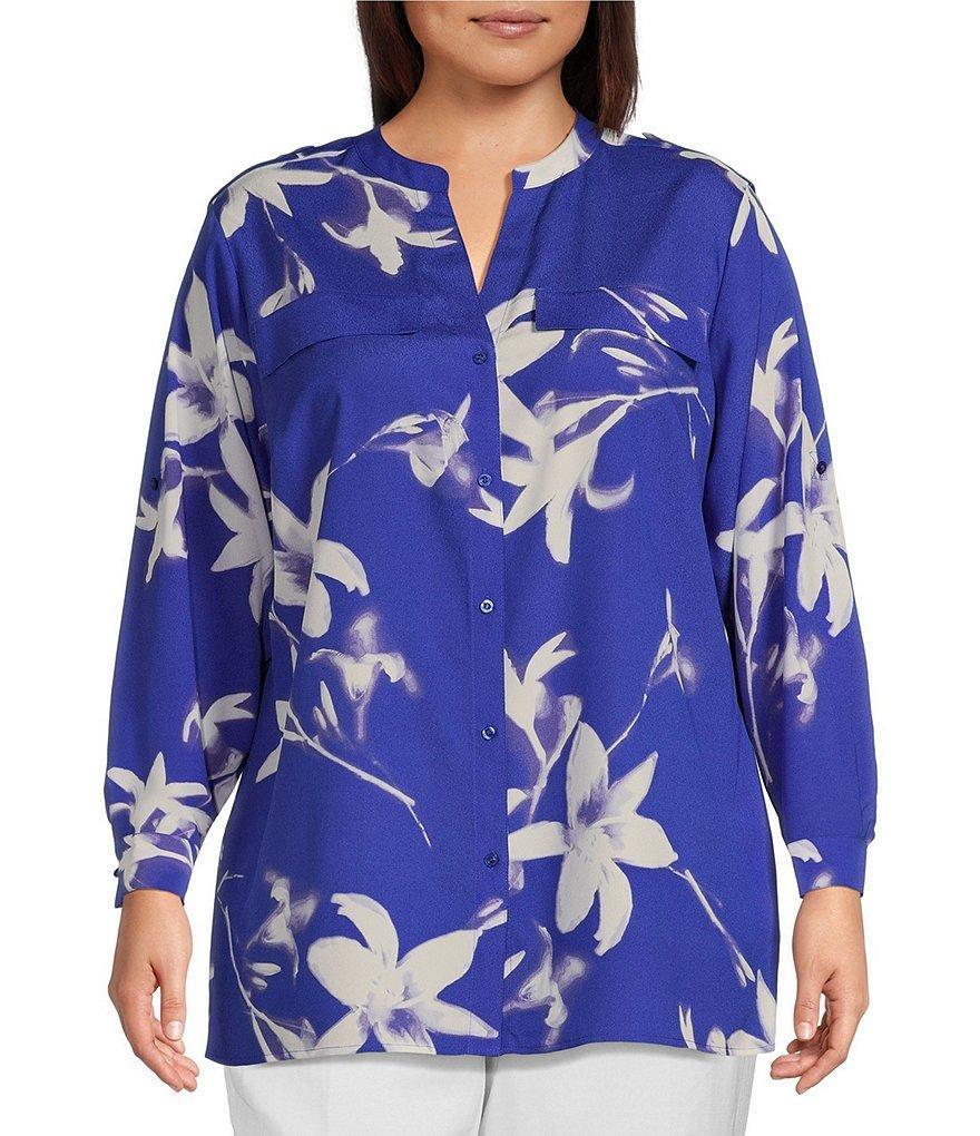 Calvin Klein Plus Size Floral Placement Print Crepe de Chine Y-Neck Long Sleeve Button Front Top Product Image