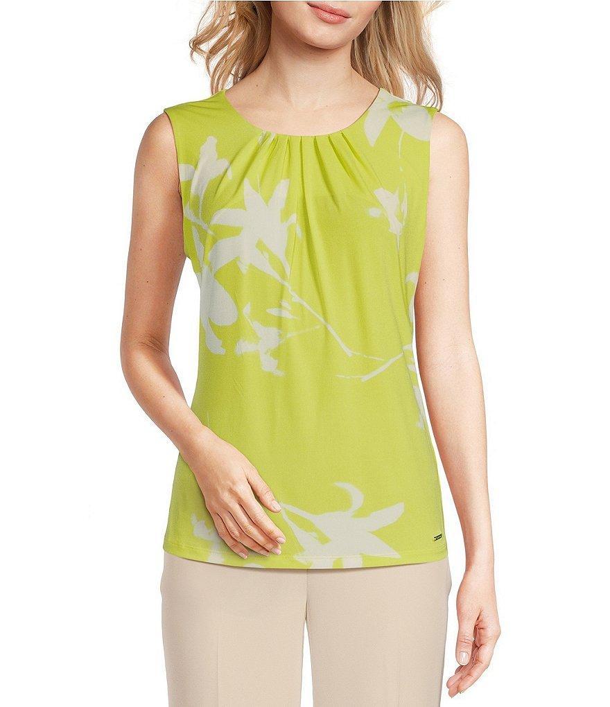 Calvin Klein Floral Knit Pleated Crew Neck Sleeveless Fitted Cami Top Product Image