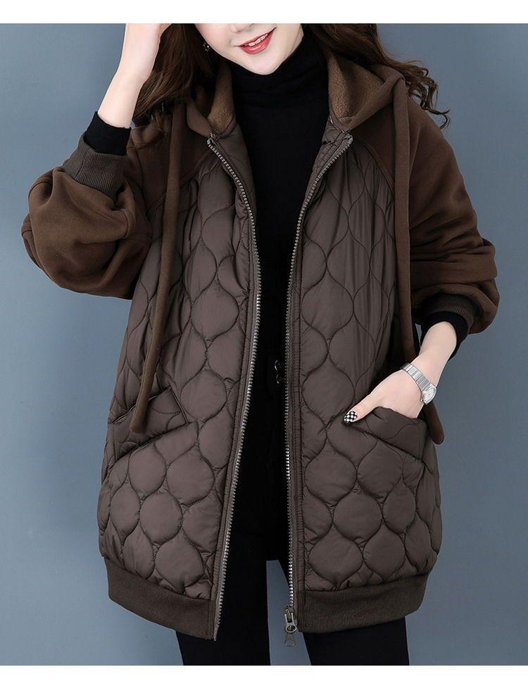 Hooded Plain Quilted Zip Up Jacket Product Image