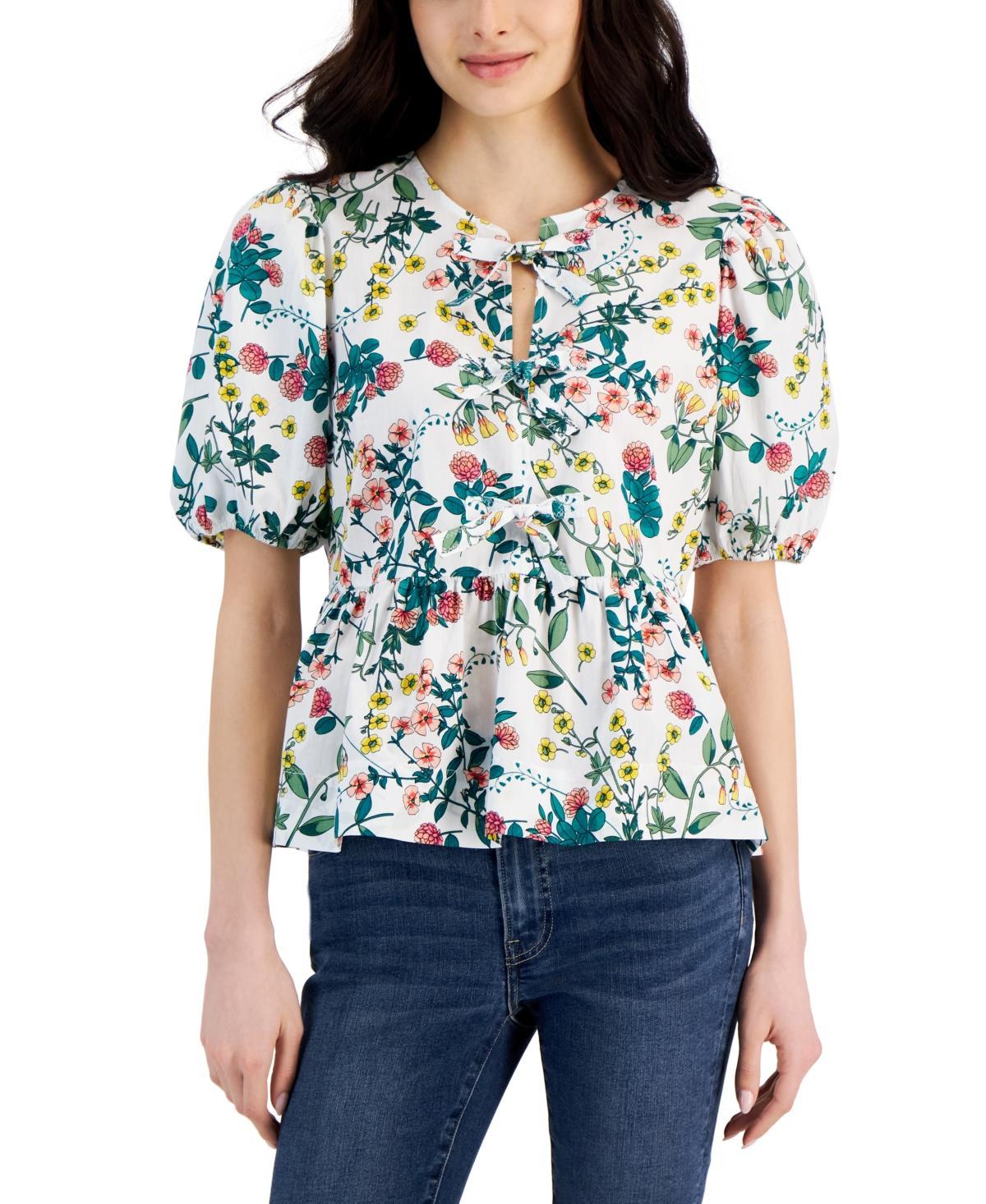 Nautica Jeans Womens Floral-Print Cotton Peplum Top Product Image