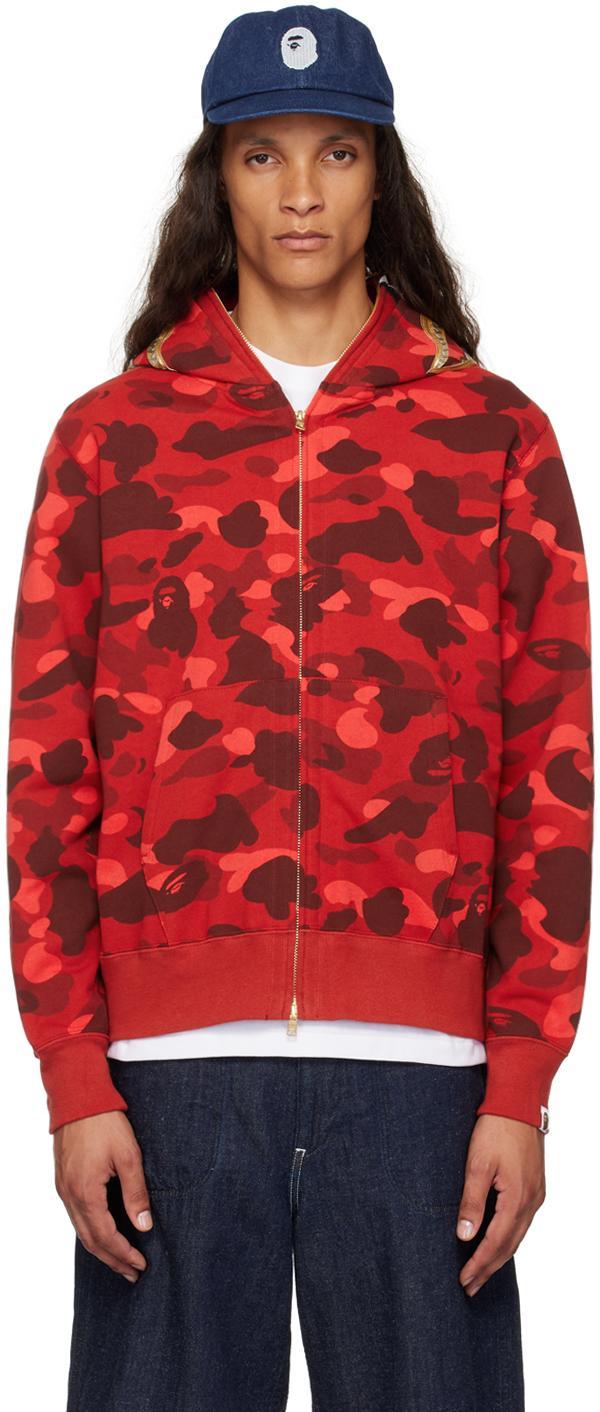 Red Color Camo Double Shark Full Zip Hoodie Product Image