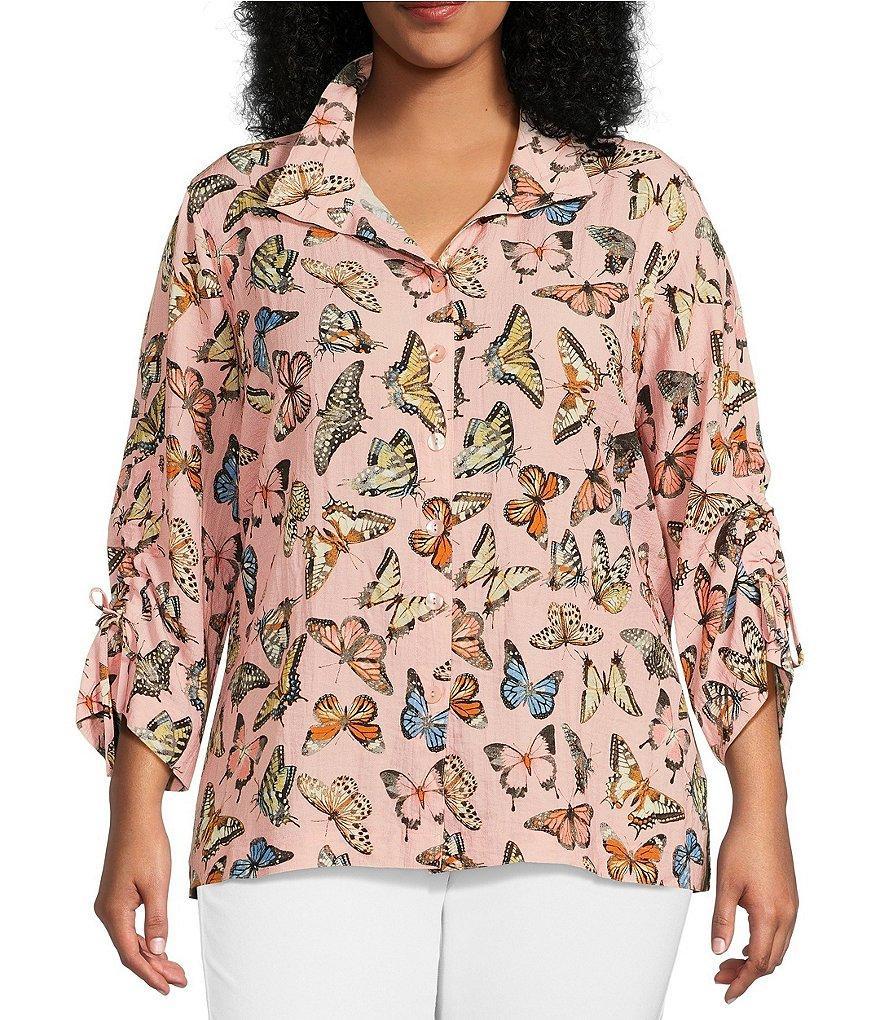 John Mark Plus Size Woven Butterfly Print Cinched Tie Tunic Product Image