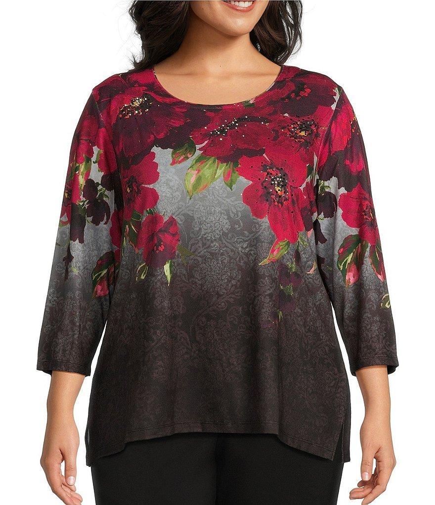 Allison Daley Plus Size Embellished Magnified Floral Print 3/4 Sleeve Scoop Neck Knit Top Product Image