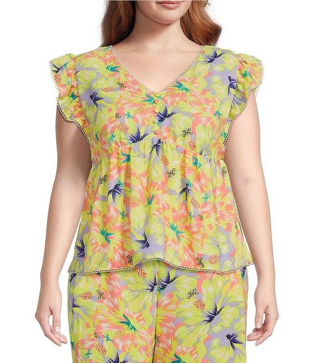 Jessica Simpson Plus Size Inge V-Neck Ruffle Cap Sleeve Printed Blouse Product Image