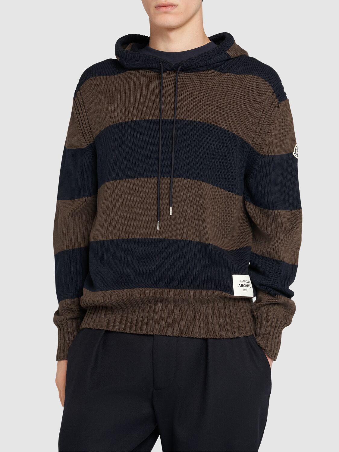 Striped Cotton Hoodie In Blue Brown Product Image