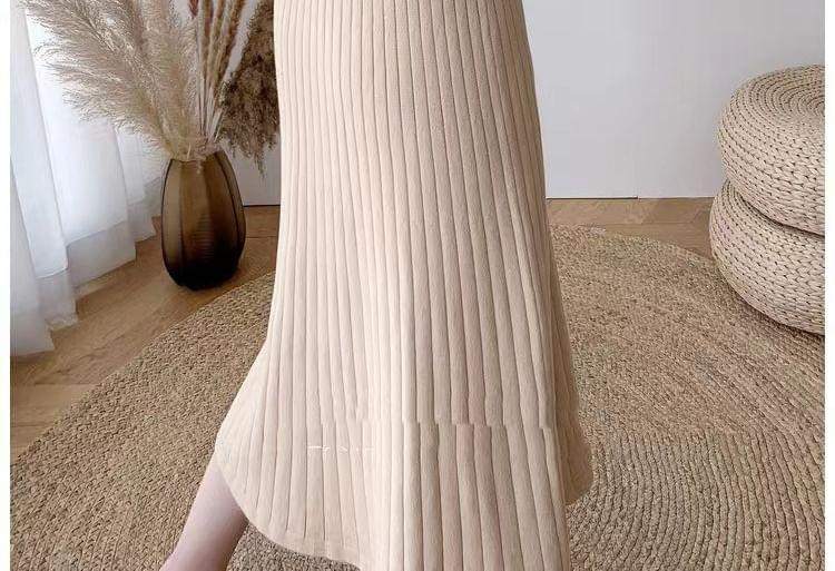 Puff-Sleeve High Neck Plain Ribbed Midi Knit Dress Product Image