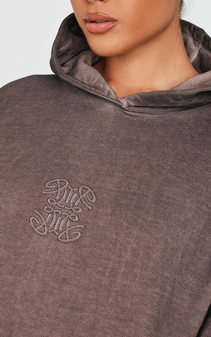 PRETTYLITTLETHING Washed Brown Premium Embossed Oversized Hoodie Product Image