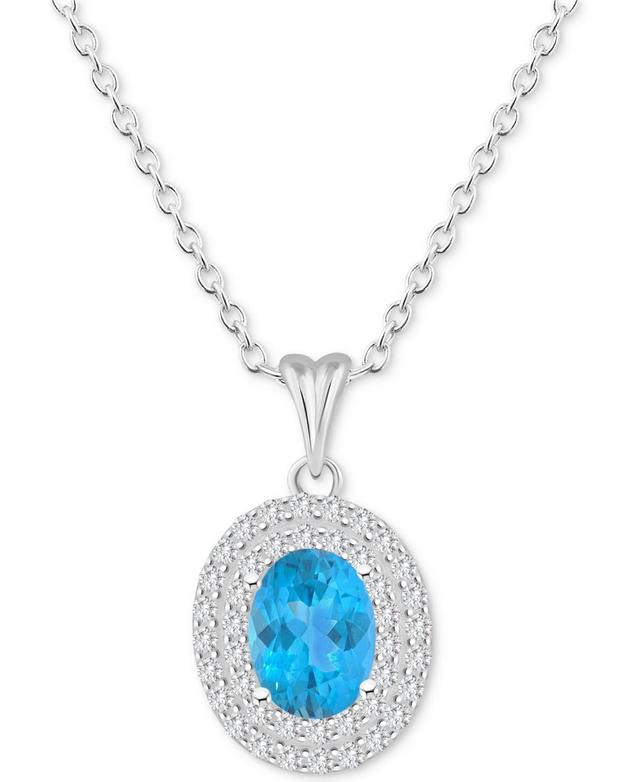 Celebration Gems Sterling Silver Oval-Cut Swiss Blue Topaz & White Topaz Double Halo Pendant Necklace, Womens Product Image