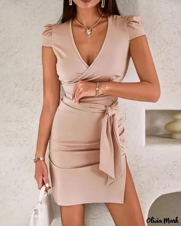 Olivia Mark – Puff Sleeve Slit Hem Belted Work Dress Product Image