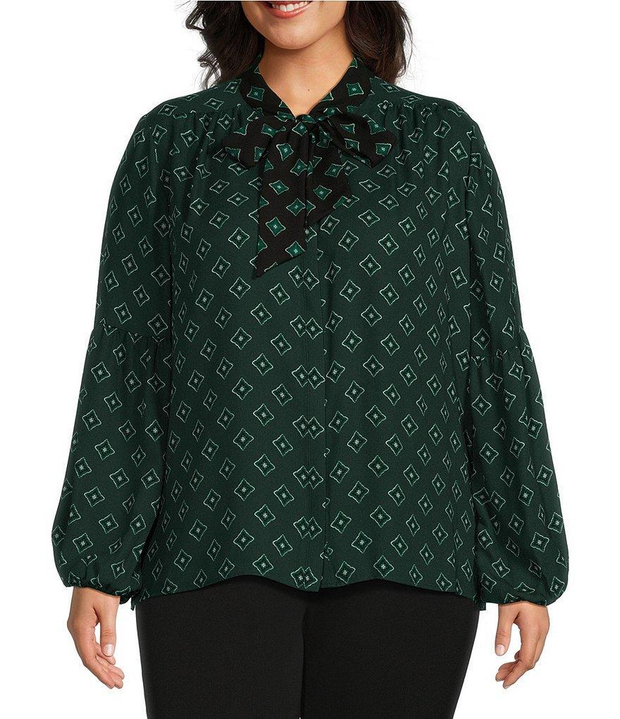 Investments Plus Size Green Foulard Woven Long Sleeve V-Neck Tie Detail Top Product Image