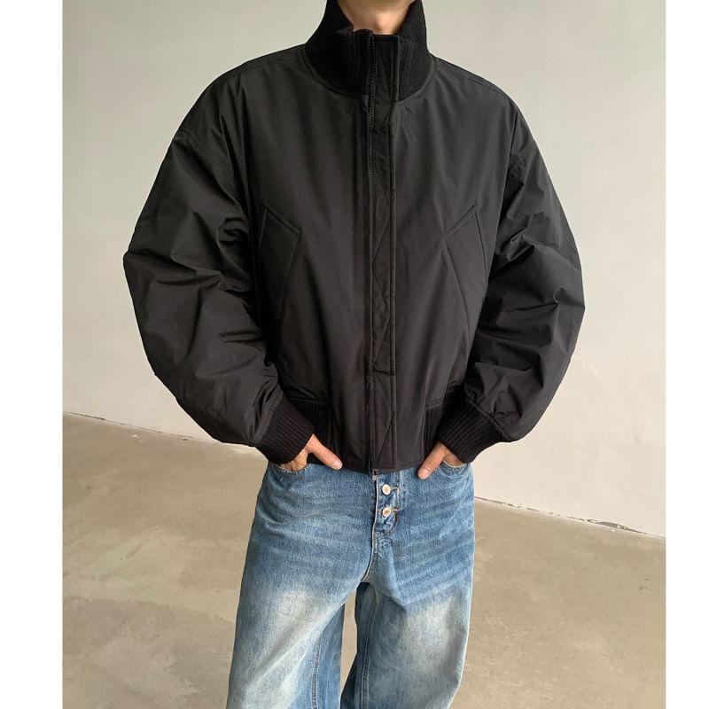 High Neck Plain Zip-Up Bomber Jacket Product Image