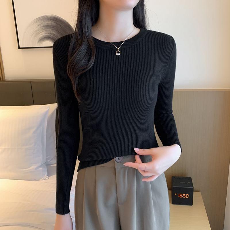 Long Sleeve Round Neck Plain Ribbed Knit Top product image