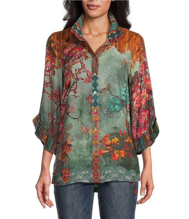 John Mark Floral Print Collared 3/4 Ruffled Sleeve Top Product Image