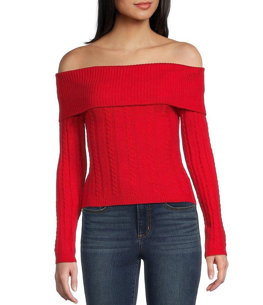 Say What Off The Shoulder Long Sleeve Cable Knit Top Product Image