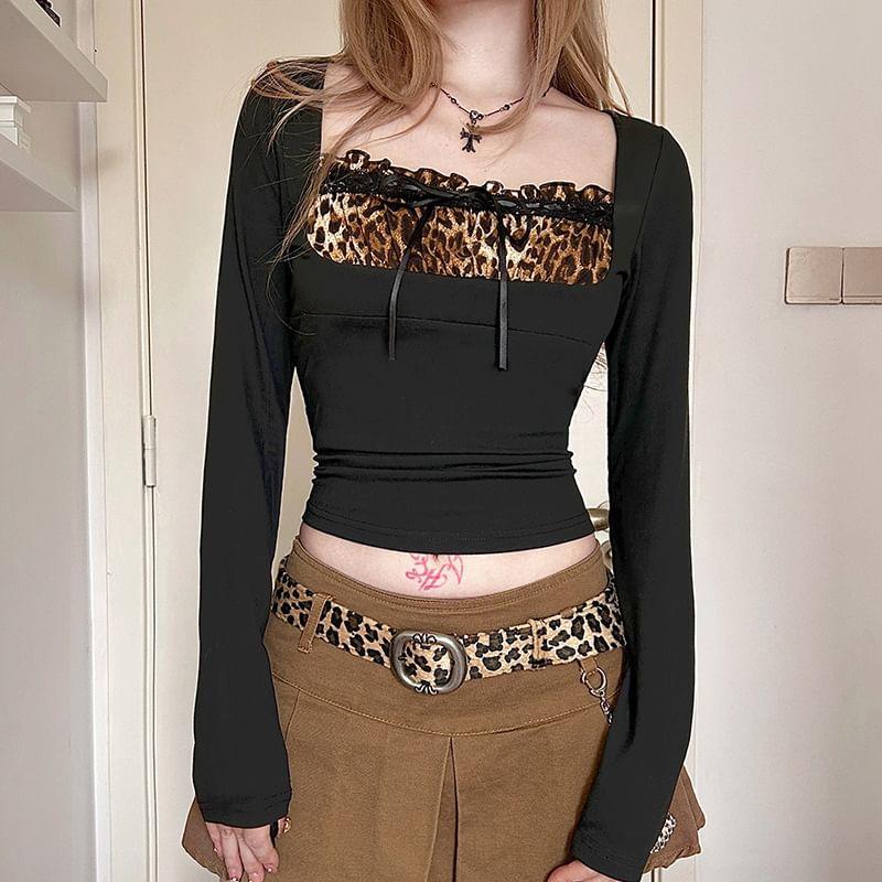 Long-Sleeve Square Neck Leopard Panel Crop Top Product Image