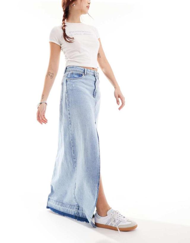 ONLY denim maxi skirt with frayed hem in blue  Product Image