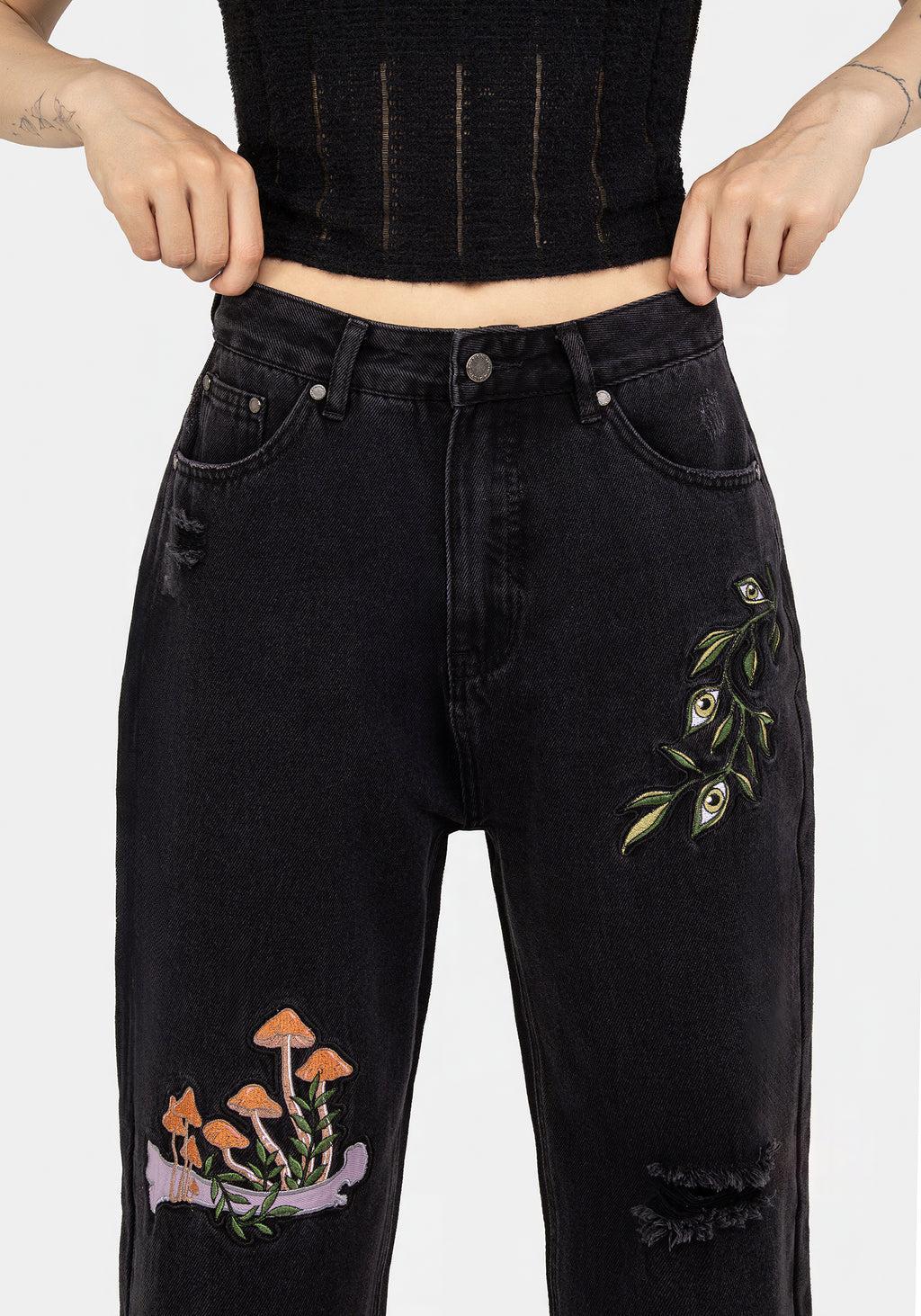 Swamplife Frog Embroidered Distressed Mom Jeans Product Image